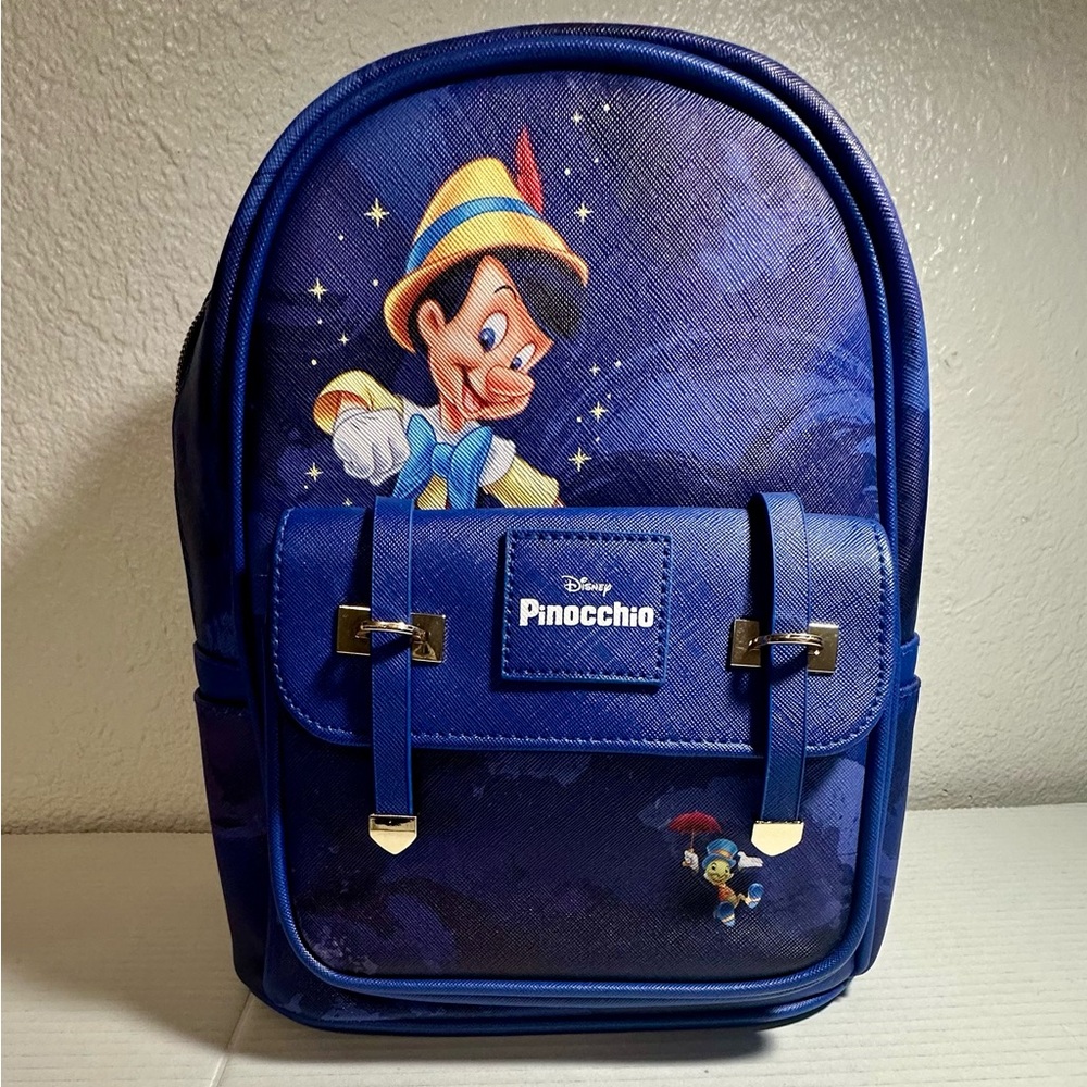 Disney Pinocchio Purse‎ Backpack Faux Leather Travel Blue Bag Jiminy Cricket New